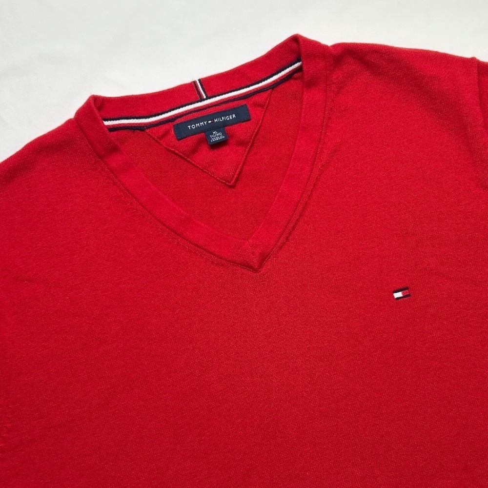 Tommy Hilfiger Mens V-Neck Cotton Knit Logo Sweater Size XL Red Preppy Holiday